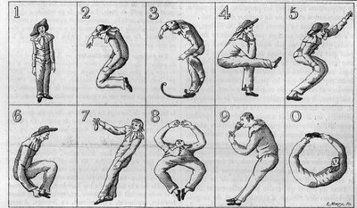 Die zehn Figuren von Harlekin. (Reduktion der Hälfte des Originals, aus der Sammlung von Gaston Tissandier). Deutsche Gravur des 18. Jahrhunderts in „La Nature: revue des sciences et de leurs applications aux arts et a l
