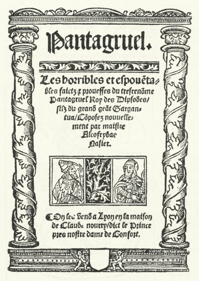Die Titelseite der ältesten bekannten Ausgabe von Pantagruel, einem Roman von François Rabelais (Stich) von German School