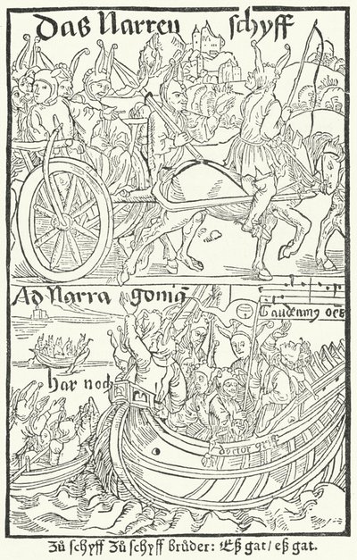 Titelseite der ersten Ausgabe von Sebastian Brants Narrenschiff, gedruckt von Johann Bergmann von Olpe in Basel im Jahr 1491 (Stich) von German School