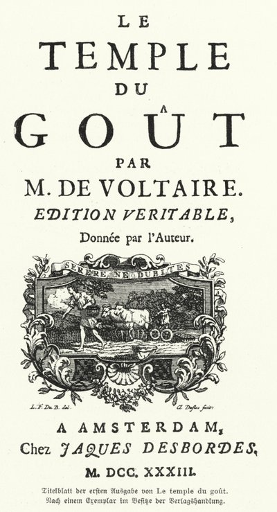 Titelseite der Erstausgabe von Le Temple du Gout des französischen Schriftstellers und Philosophen Voltaire von German School