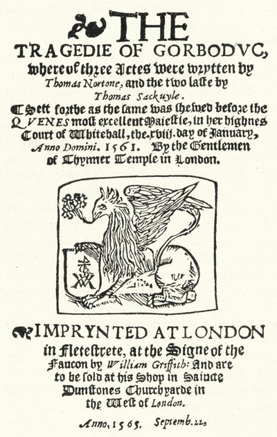 Titelseite der ersten Ausgabe von The Tragedie of Gorboduc (1565) von Thomas Norton und Thomas Sackville (Stich) von German School