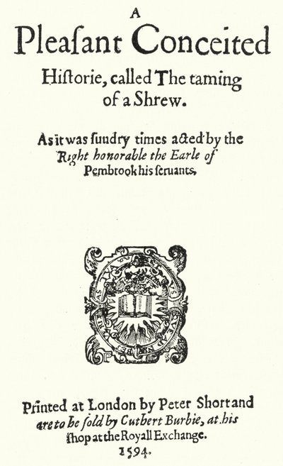 Titelseite der ersten Ausgabe der Shakespeare-Komödie Der Widerspenstigen Zähmung (Stich) von German School