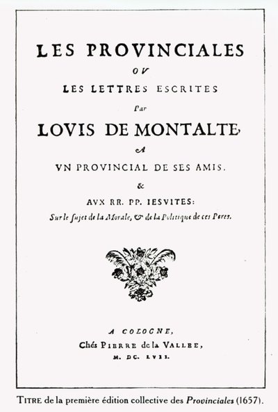 Titelseite von Les Provinciales von Blaise Pascal, Amsterdam, 1657 von German School