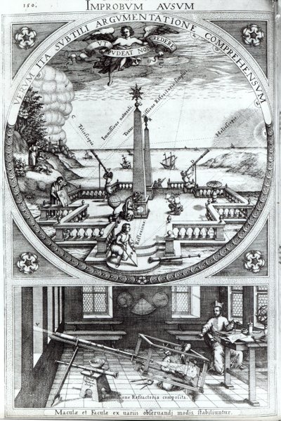 Verschiedene Methoden zur Beobachtung von Sonnenflecken, Illustration aus Rosa Orsina von Christoph Scheiner, veröffentlicht 1630 von German School