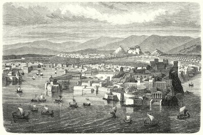 Blick auf das antike Athen vom Piräus (Gravur) von German School