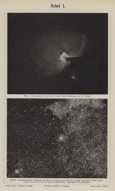 Ansichten des Orionnebels und der Milchstraße im Bereich von Deneb (Gravur) von German School