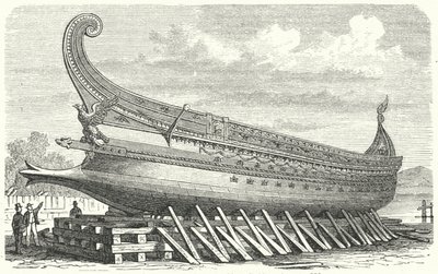 Kriegsschiff entworfen von Napoleon III. von Frankreich basierend auf einer antiken römischen Triere (Gravur) von German School