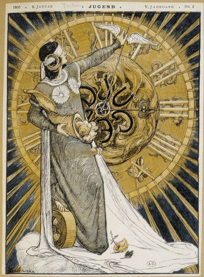 Frau mit Augenbinde, die ein Füllhorn hält und die Zeiger einer Uhr vorschiebt (Allegorie des Glücks) - in „Jugend“ vom 08.01.1900 von German School