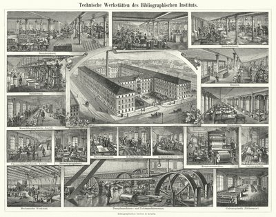 Werkstätten des Bibliographischen Instituts, Leipzig, Deutschland (Gravur) von German School