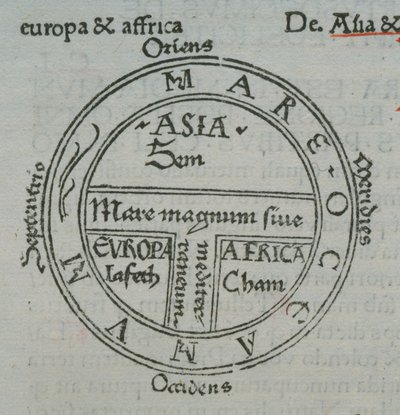 f.177v T-in-O Karte, mit Buchdruck-Ortsnamen, aus Isidor von Sevilla, Liber Etimologiarvm von German School
