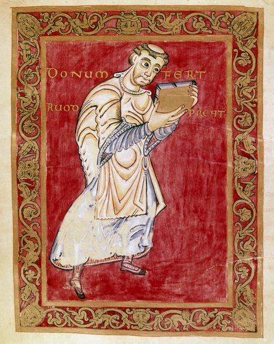Der Mönch Ruodprecht bringt das Manuskript zum Erzbischof Egbert von Trier (Miniatur aus dem Codex Egberti) von German School