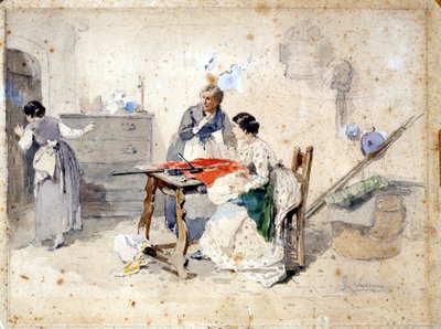 Mailänder Frauen machen die italienische Trikolore. Aquarell von Gerolamo (Girolamo) Induno (1825 - 1890). Mailand, Museo del Risorgimento von Gerolamo Induno