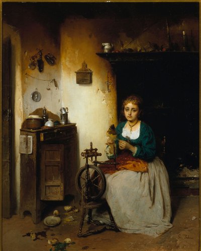Junge Frau spinnt Wolle, ihr Ausdruck ist traurig und ihr Inneres elend. Gemälde von Gerolamo (Girolamo) Induno (1825-1890) von Gerolamo Induno