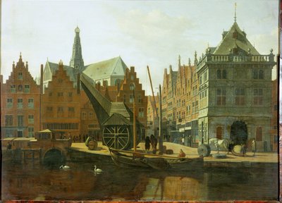 Haarlemer Hafen mit öffentlicher Waage und dem Turm von Sankt Bavo im Hintergrund von Gerrit Adriaensz Berckheyde