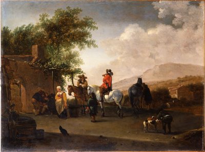 Reisende zu Pferd, die sich auf einem Bergpass in einer italienischen Landschaft erfrischen von Gerrit Adriaensz Berckheyde