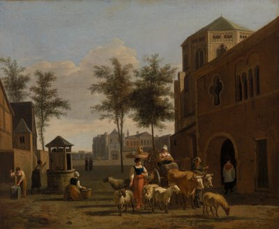Ansicht einer Stadt mit Figuren, Ziegen und Wagen vor einer Kirche von Gerrit Adriaensz. Berckheyde