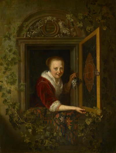 Mädchen mit einem Traubenstrauß am Fenster von Gerrit Dou