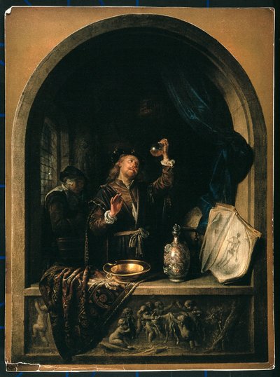 Ein Arzt, der eine Urinprobe einer älteren Frau untersucht von Gerrit Dou