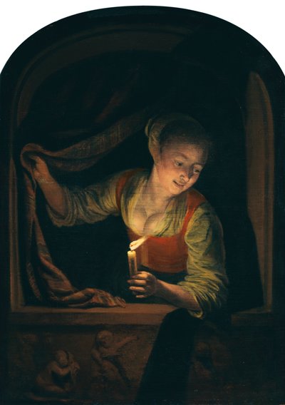 Junge Frau mit Kerze am Fenster von Gerrit Dou