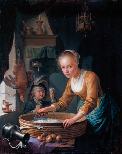 Mädchen, das Zwiebeln hackt von Gerrit Dou