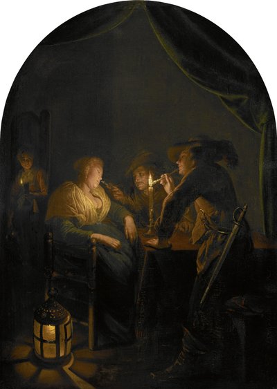 Schlafende Frau, die von zwei Soldaten geneckt wird von Gerrit Dou
