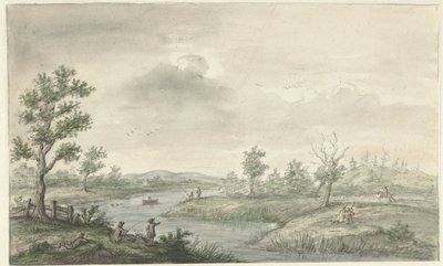 Landschaft mit gewundenem Fluss und Anglern von Gerrit Grasdorp (possibly)