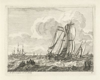Segelschiffe und ein Ruderboot auf offenem Wasser von Gerrit Groenewegen