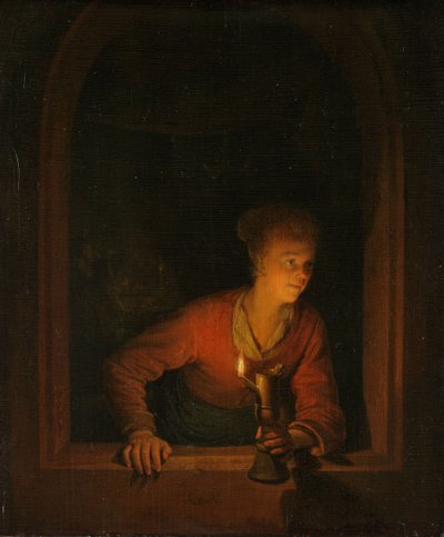 Mädchen mit einer Öllampe am Fenster, 1645-75 von Gerrit Dou
