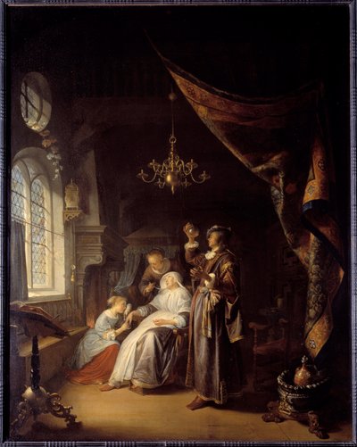 Die hydropische Frau. Ein Arzt untersucht den Urin einer Frau mit Wassersucht. Gemälde von Gerard Dou (1613-1675) von Gerrit Dou