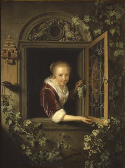 Junge Frau am Fenster mit einer Traube von Gerrit Dou