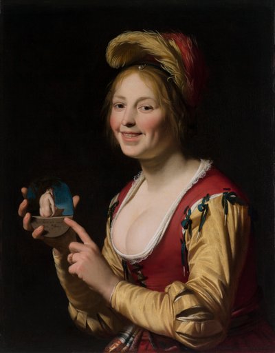 Lächelndes Mädchen, eine Kurtisane, die ein obszönes Bild hält von Gerrit van Honthorst