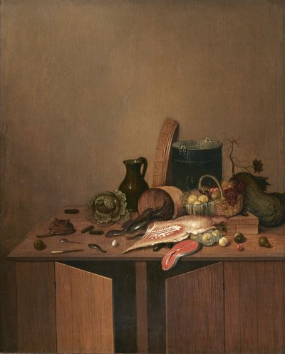 Küchenstillleben mit Fleisch, Fisch und Gemüse von Gerrit van Vucht