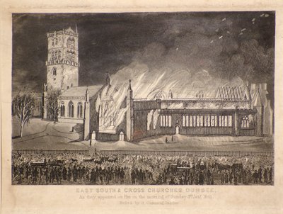 Ost-, Süd- und Kreuzkirchen, Dundee, wie sie am Sonntag, dem 3. Januar 1841, in Flammen standen, ca. 1841 von Gershom Gourlay Cumming