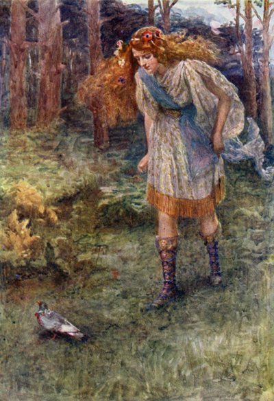 "Und immer, wenn sie sich näherte, flog die Taube ein wenig weiter" (Farblithographie) von Gertrude E. Demain (after) Hammond