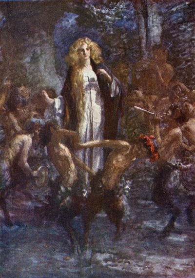 "Die Satyrn tanzten freudig um sie herum" (Farblithografie) von Gertrude E. Demain (after) Hammond