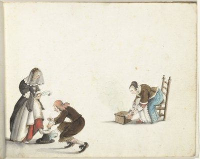 Herr bindet einer Dame den Schuh und eine Frau macht Feuer in einem Ofen von Gesina ter Borch