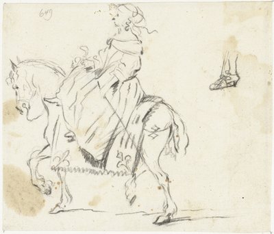 Frau zu Pferd, von der Seite gesehen, mit Skizze eines Unterschenkels und Fußes von Gesina ter Borch