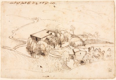 Bauernhof mit Bäumen in einer hügeligen Landschaft, 1567 von Gherado Cibo