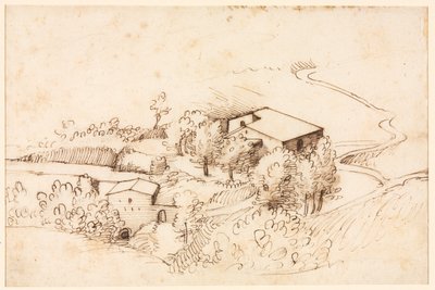 Bauernhof mit Bäumen in hügeliger Landschaft (Rückseite) von Gherardo Cibo