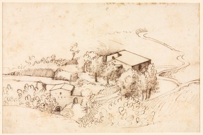 Bauernhof mit Bäumen in einer hügeligen Landschaft, 1567 von Gherardo Cibo