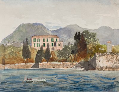 Ruderbarke mit der Borbone-Flagge nähert sich einem großen Haus an der neapolitanischen Küste, mit Ergänzungen von Prinz Gaetano Maria Federico di Borbone (1846-1871) von Giacinto Gigante