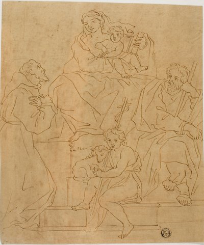 Heilige Familie mit dem heiligen Franziskus von Assisi und dem kleinen Johannes dem Täufer von Giacomo Cavedone