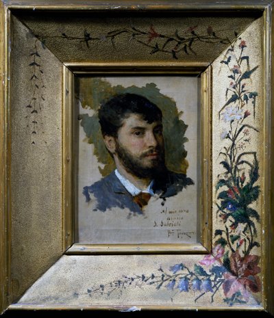 Selbstporträt mit bemaltem Rahmen mit Blumenmotiv von Giacomo Favretto