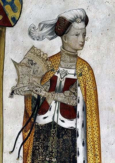 Darstellung der Markgrafen von Saluzzo und ihrer Gemahlinnen als historische und mythologische Helden und Heldinnen (Detail: Riccarda di Sicilia, Gemahlin Tommaso II, als Amazonenkönigin Lampeto) von Giacomo Jaquerio