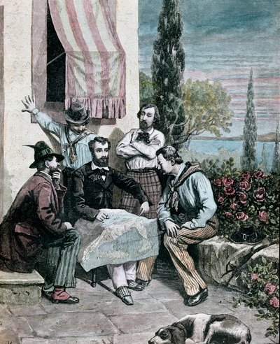 Risorgimento: die Exilanten in Korfu, darunter die Brüder Attilio Bandiera (1810-1844) und Emilio Bandiera (1819-1844), studieren eine italienische Karte für eine Expedition von Giacomo Mantegazza
