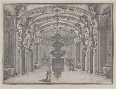 Theaterszene in einem großen Saal mit gewölbter Decke und einer zentralen Skulptur, ca. 1687-1717 von Giacomo Maria Giovannini