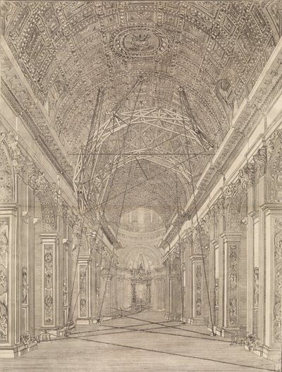 Gerüst für die Restaurierung des Gewölbes in der Petersbasilika errichtet: Übersicht, ca. 1773. von Giacomo Sangermano