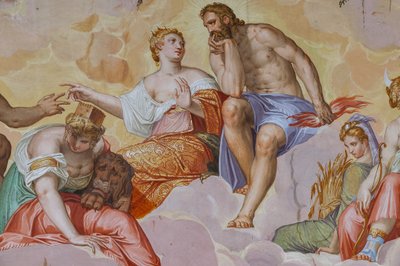 Juno, Jupiter, Cybele auf Wolken, über architektonischen Ruinen (Detail) von Giambattista Zelotti