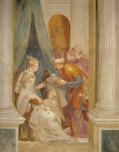 Rechte Wand, die Sophonisba mit ihrem Kind zeigt, wie sie den nächsten Giftbecher erhält (Fresko) von Giambattista (1526 78) Zelotti