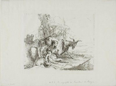 Eine Nymphe mit einem kleinen Satyr und zwei Ziegen, aus Capricci von Giambattista Tiepolo